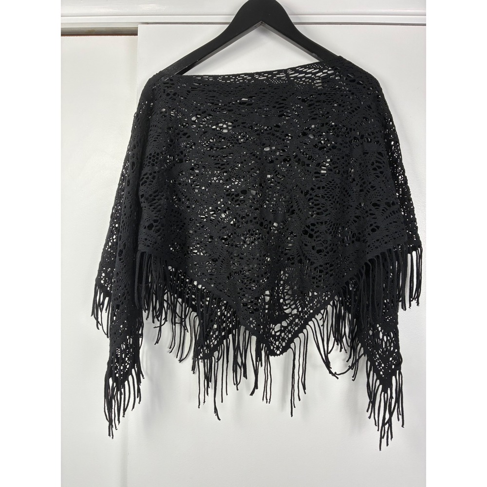 Vintage Black Crochet Knit Fringe Poncho One Size USA Made Goth Witchy Victorian